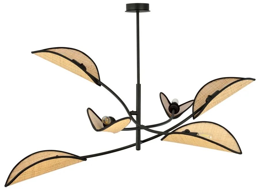 Lampadario a Sospensione in Acciaio e Tessuto LOTUS 6 Nero 6xE14 Colore del corpo Nero e Rattan