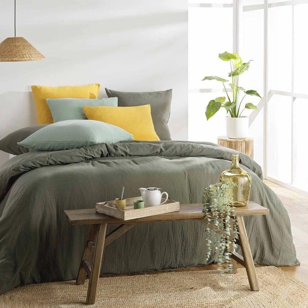 Biancheria da letto color kaki in mussola per letto singolo 140x200 cm Angelia – douceur d'intérieur