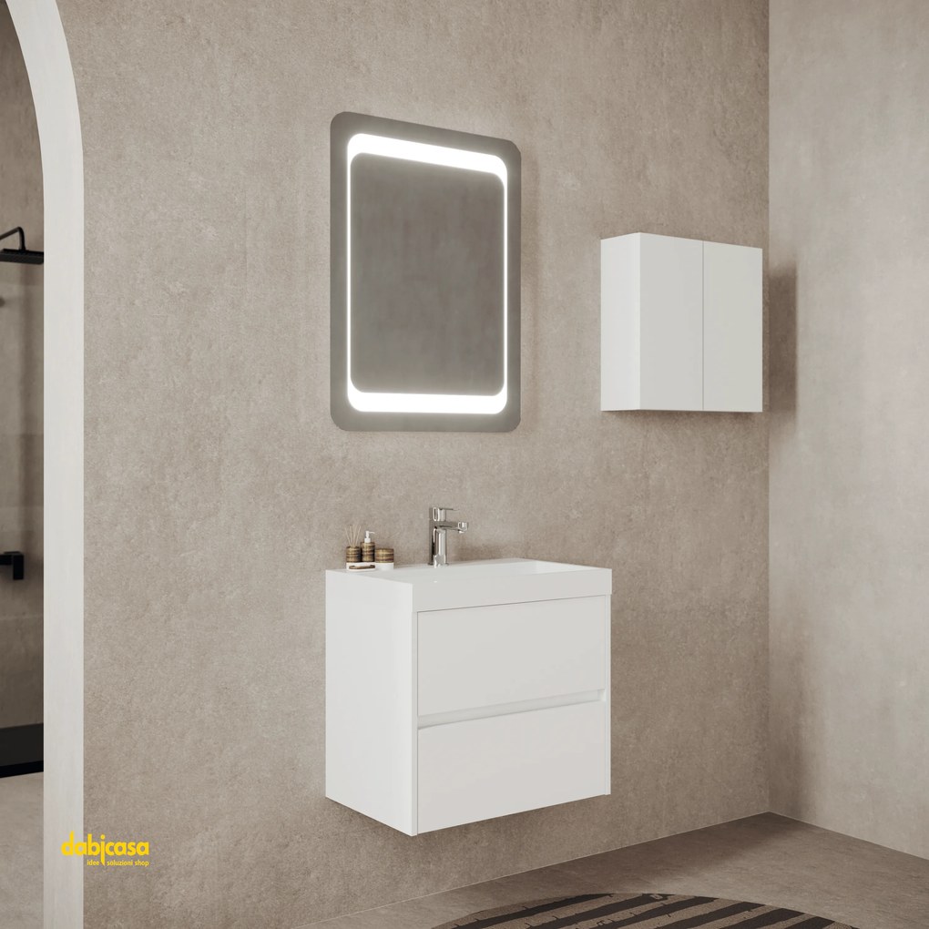 Mobile Bagno Sospeso "Portofino" Da 60 Cm Composto Da Due Cassetti Finitura Bianco Lucido