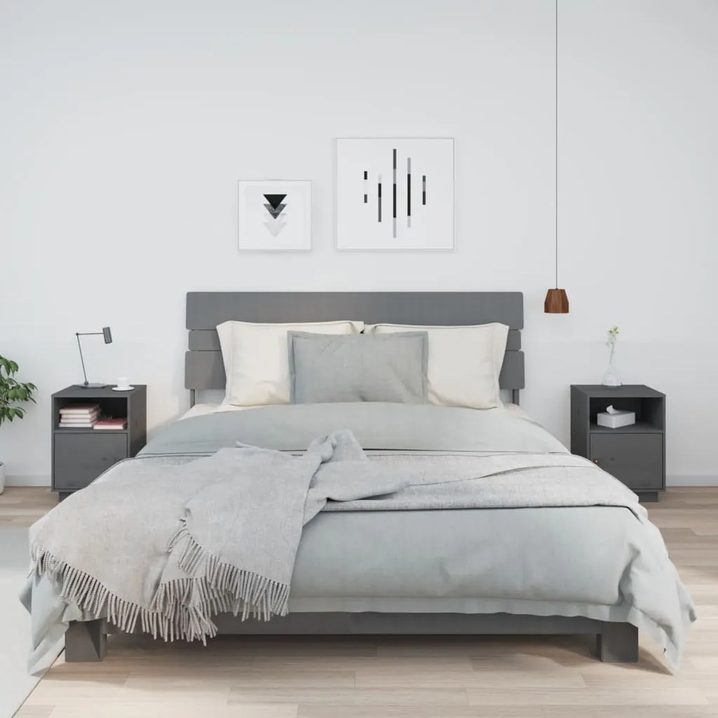 Comodini Grigi 2 Pz 40x34x55 Cm İn Legno Massello Di Pino /