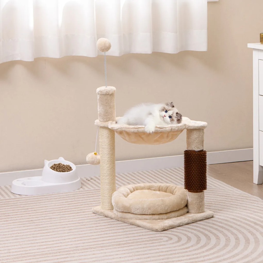 Costway Albero per gatti a 2 livelli con amaca morbida letto peluche pallina pendente, Mobili compatti per gatti Beige