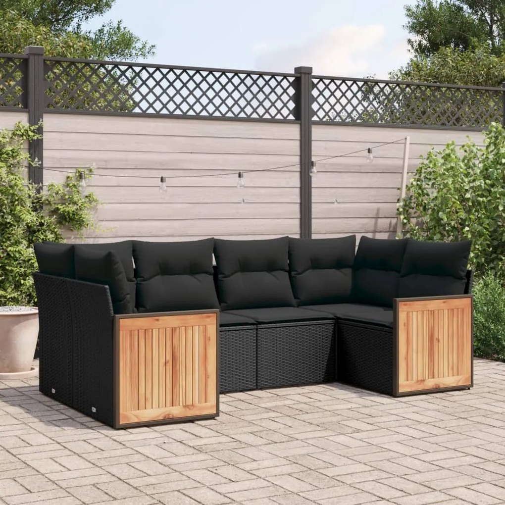 Set divano da giardino 6 pz con cuscini nero in polyrattan