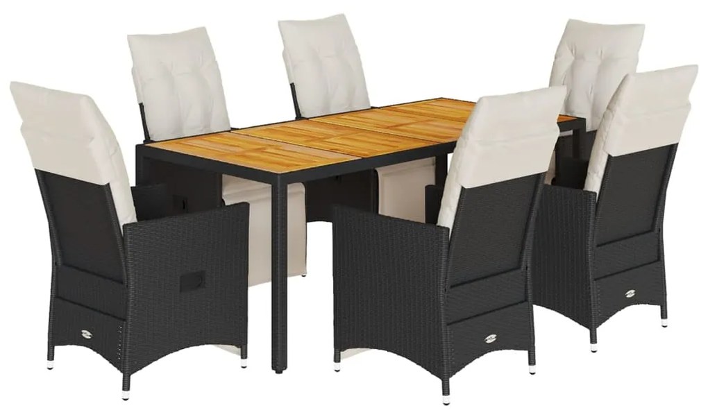 Set da pranzo da giardino 7 pz nero con cuscini in polyrattan