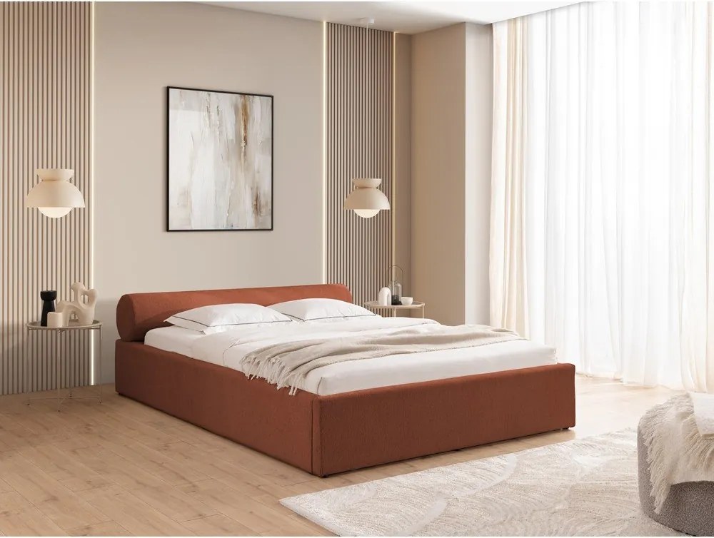 Letto matrimoniale imbottito color terracotta con contenitore con rete inclusa 140x200 cm Cille – Ropez