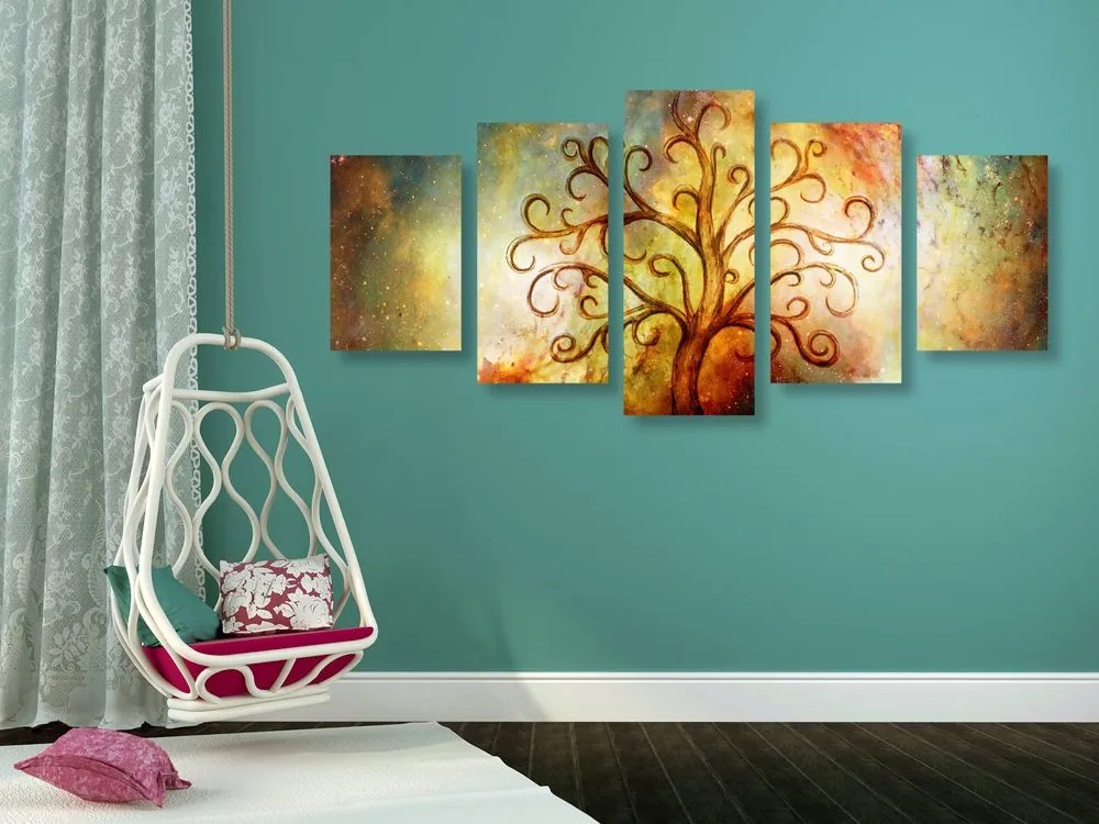 Quadri 5 pezzi – Albero della vita con astrazione cosmica