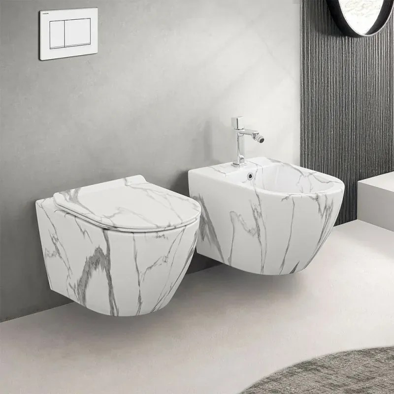 WC sospeso Rimless in ceramica marmorizzata bianca con sedile Tokyo
