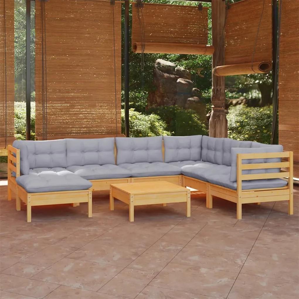 Set divani da giardino 8 pz con cuscini grigi massello di pino