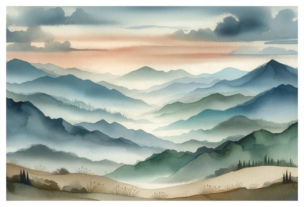 Quadro su tela – Montagne silenziose nella nebbia del mattino