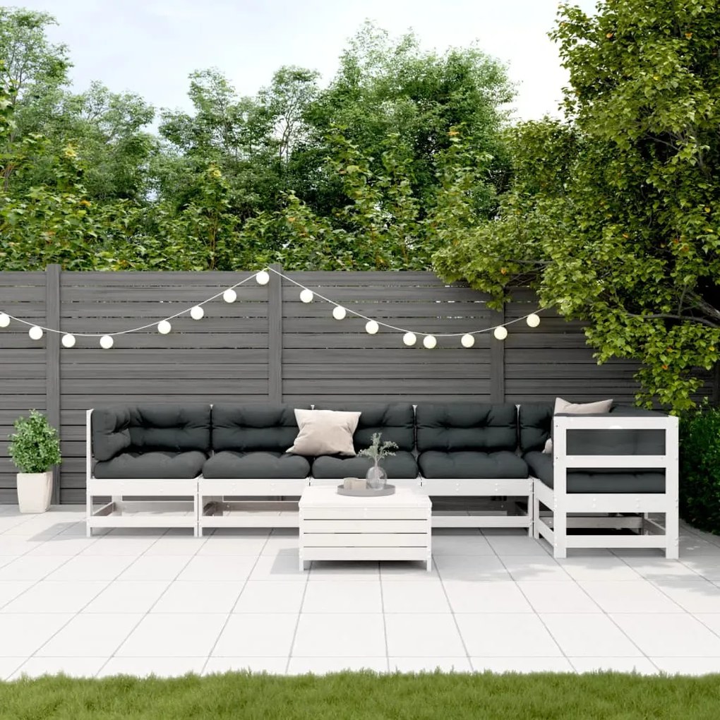 Set salotto giardino 7pz con cuscini bianco legno massello pino