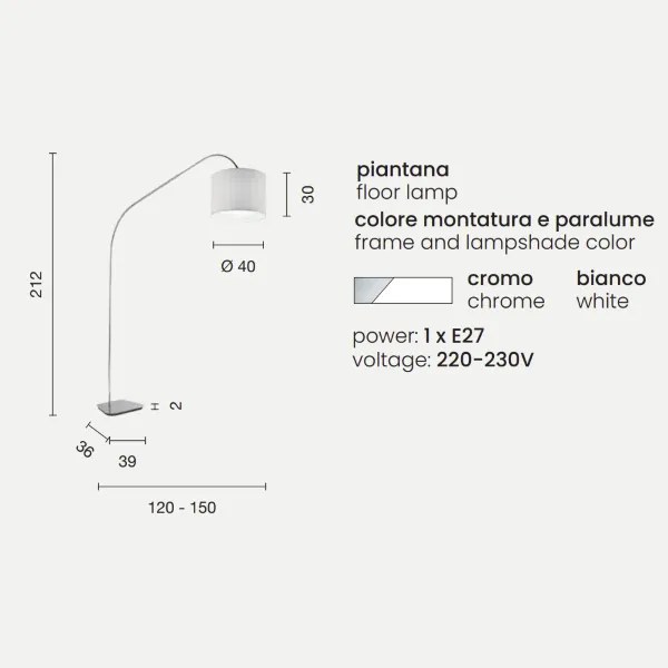 Piantana GLAM struttura in metallo e paralume in tessuto BIANCO