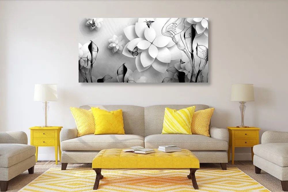 Stampa su tela – Fiori astratti in bianco e nero