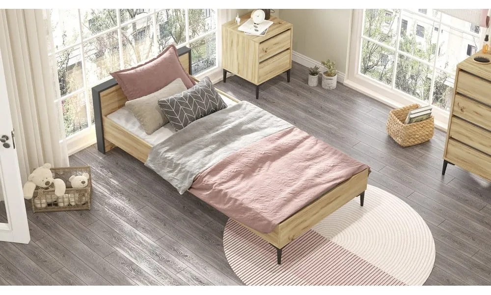 Letto singolo in colore naturale con rete 90x200 cm- Kalune Design