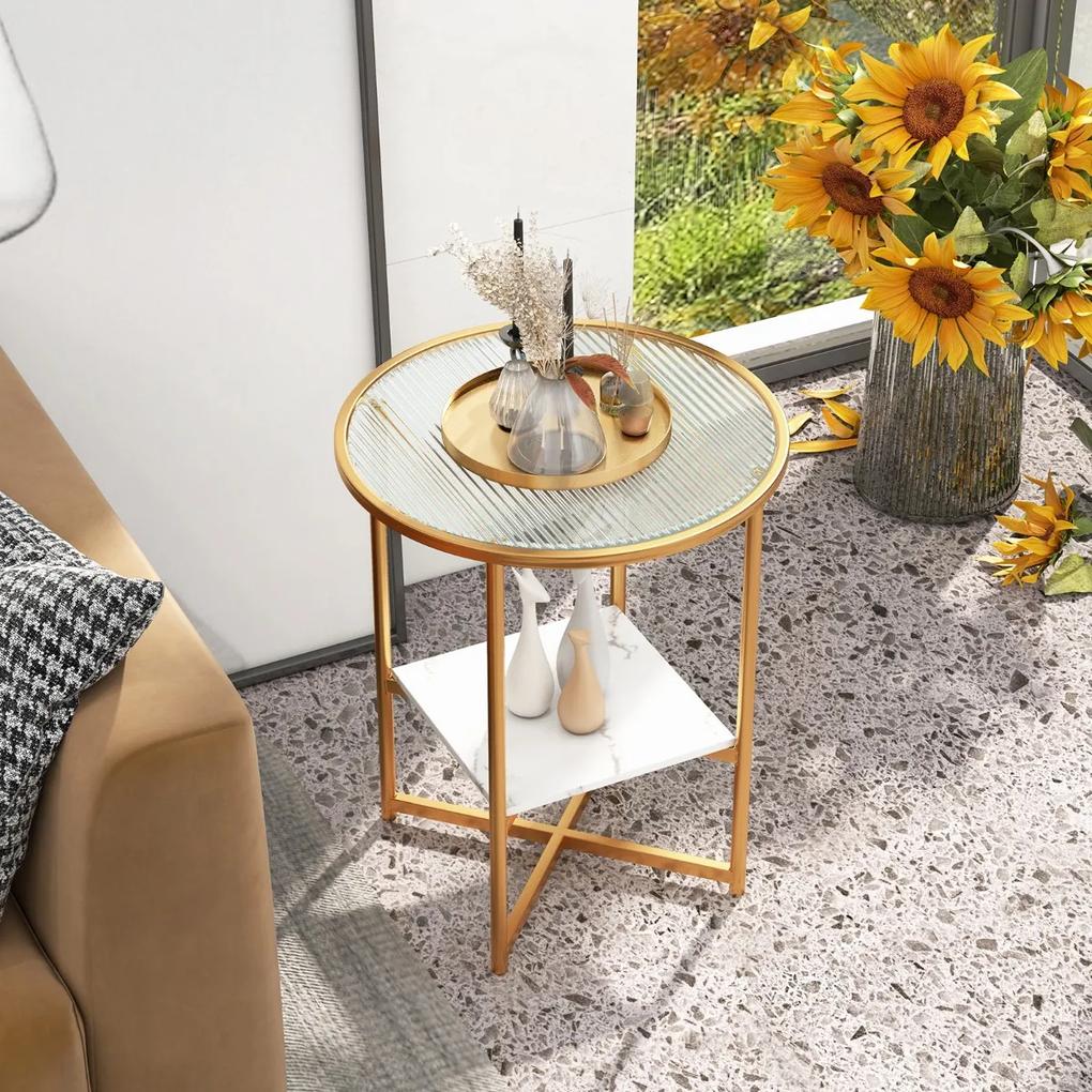 Costway Tavolino rotondo a 2 piani da 50 cm con ripiano effetto marmo, Tavolino da caffè con cornice in metallo dorato Bianco