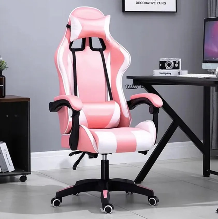 Comoda sedia da gaming con cuscino rosa e bianco