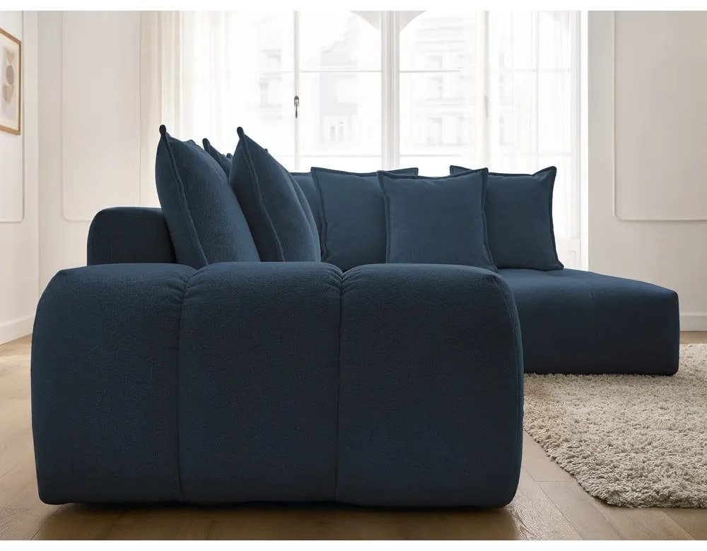 Divano angolare blu scuro allungabile e con contenitore (penisola a destra/a L) con rivestimento in ciniglia Everest – Bobochic Paris