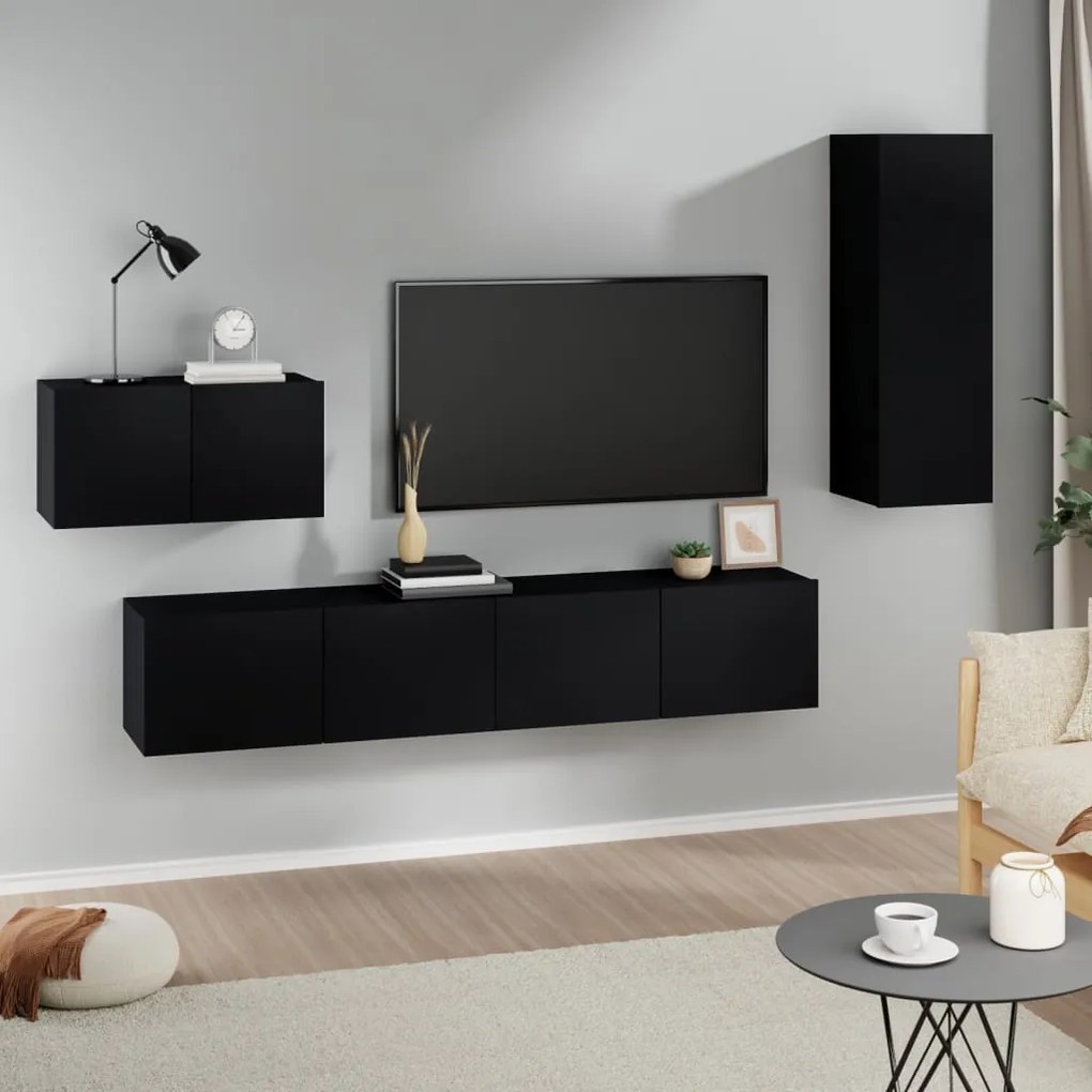 Set mobili porta tv 4 pz nero in legno multistrato