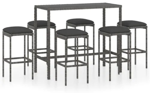 Set da Bar da Giardino 7 pz con Cuscini in Polyrattan Grigio