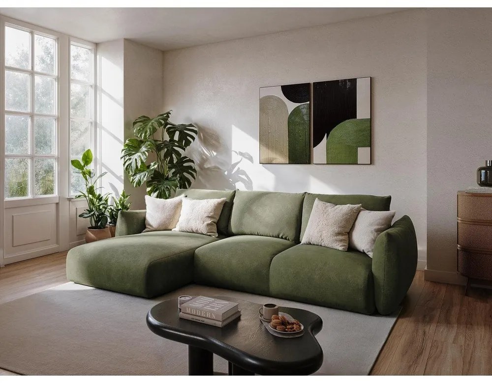 Divano angolare verde allungabile (a U) con rivestimento in ciniglia Leila – Makamii