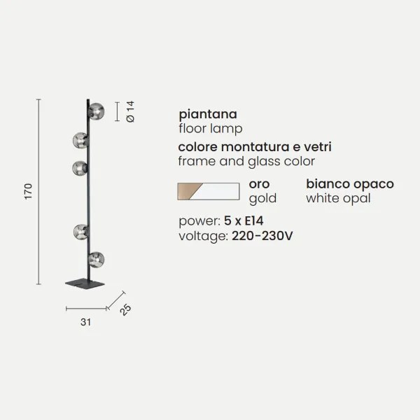 Piantana in metallo Oro con 5 diffusori in vetro Bianco MONILE H170 cm