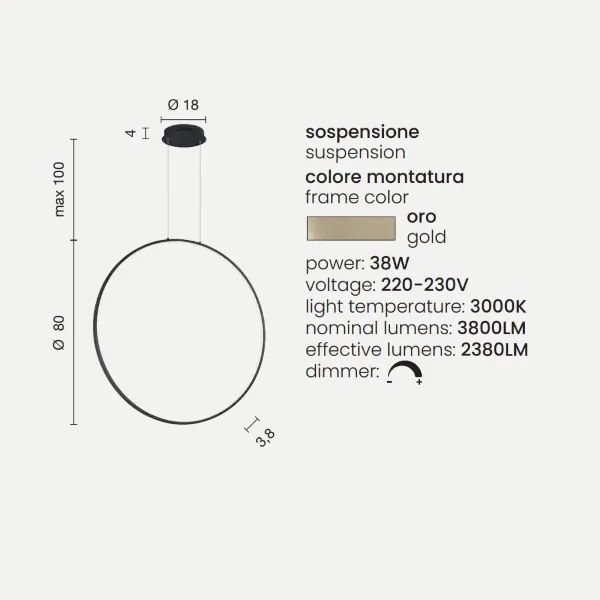 Lampada a sospensione con cerchio verticale in metallo Oro 80 cm NOVA