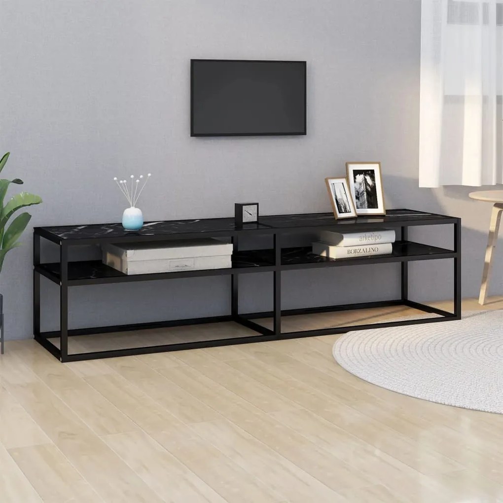 Mobile Porta Tv Marmo Nero 160x40x40,5 Cm İn Vetro Temperato /