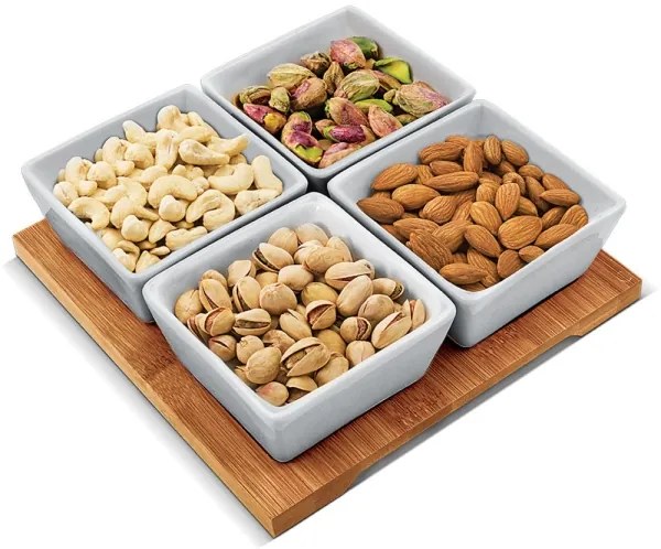 Lamart - Set 4 ciotole in porcellana 19x19 cm + vassoio in legno