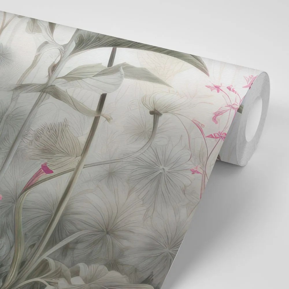 Carta da parati autoadesiva – Fiori avvolti dalla natura con contrasto rosa