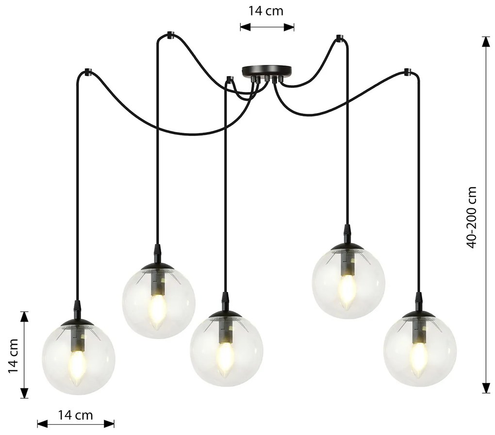 Lampadario 5 Luci Ginevra In Acciaio Nero Con Cavo Lungo E Vetri Trasparente