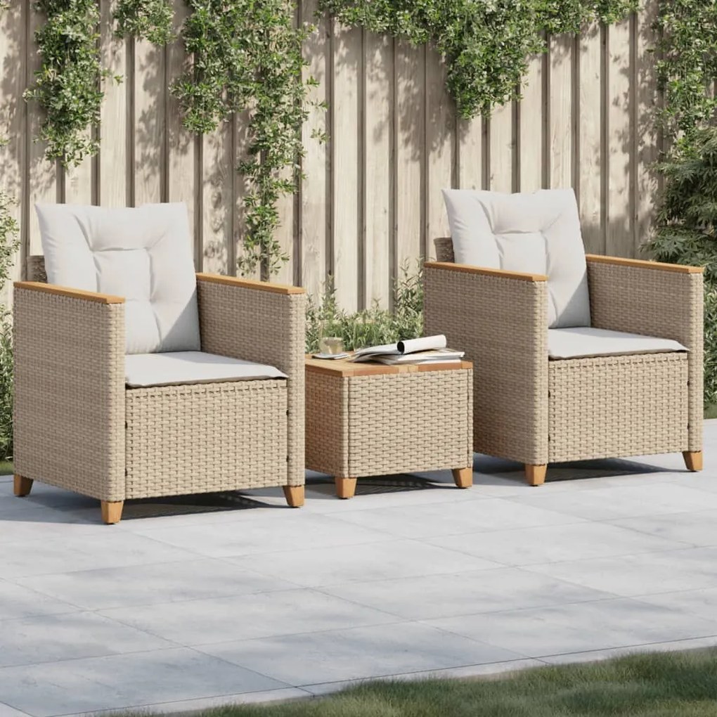 Set Da Bistrò 3 Pz Con Cuscini Beige Polyrattan E Legno Acacia /