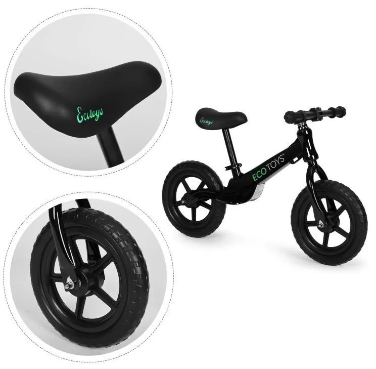 Bicicletta senza pedali nera per bambini con gomme tubeless