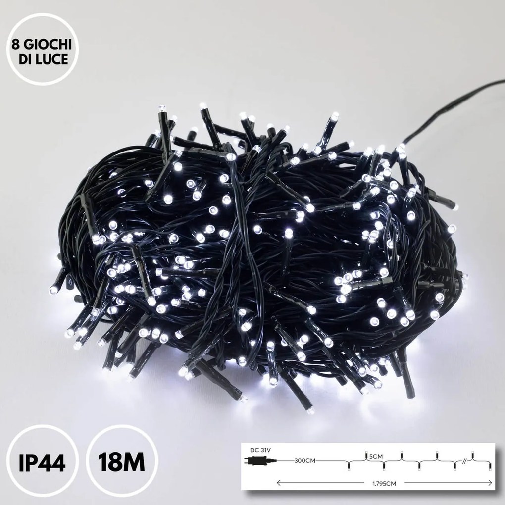 Catenaria Natalizia LED 18m 8 GIOCHI DI LUCE Cavo VERDE IP44 Colore Bianco Freddo 7500 - 8500 °K