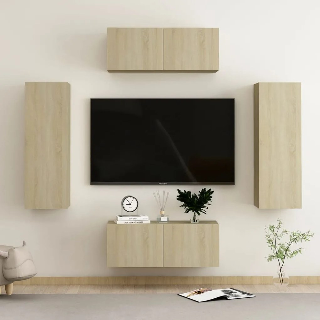 Set Di Mobili Tv 4 Pz Rovere Sonoma İn Legno Multistrato /