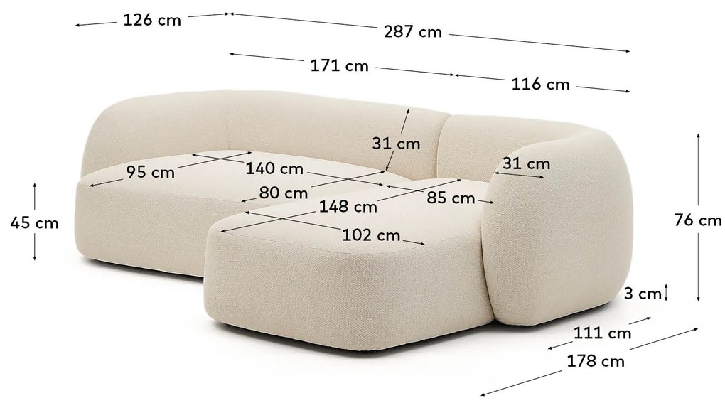 Kave Home - Divano modulare Martina 3 posti con chaise longue destra Ã©cru 287 cm