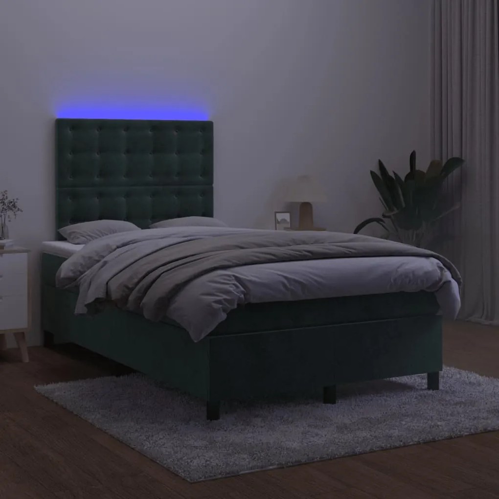 Letto a molle con materasso e led verde scuro 120x200cm velluto