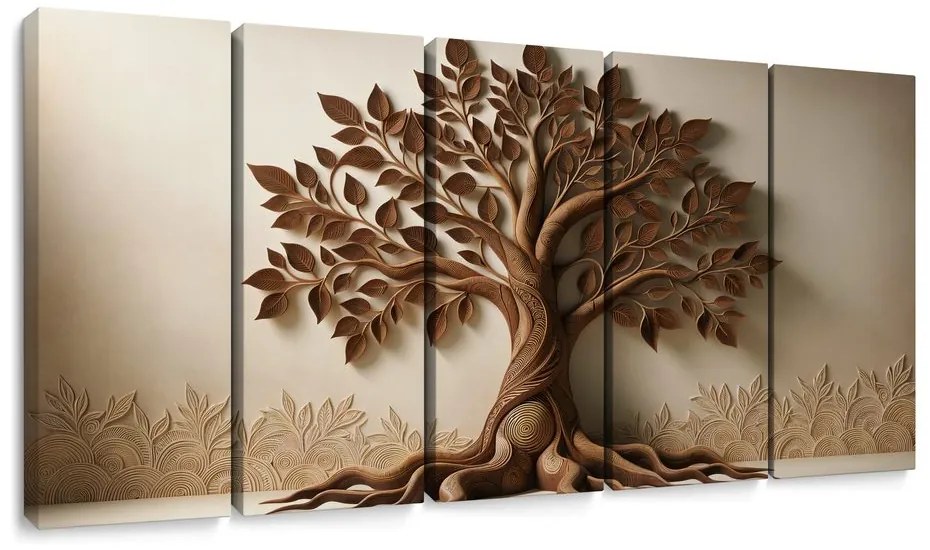 Quadri 5 pezzi – Albero della vita marrone con effetto 3D