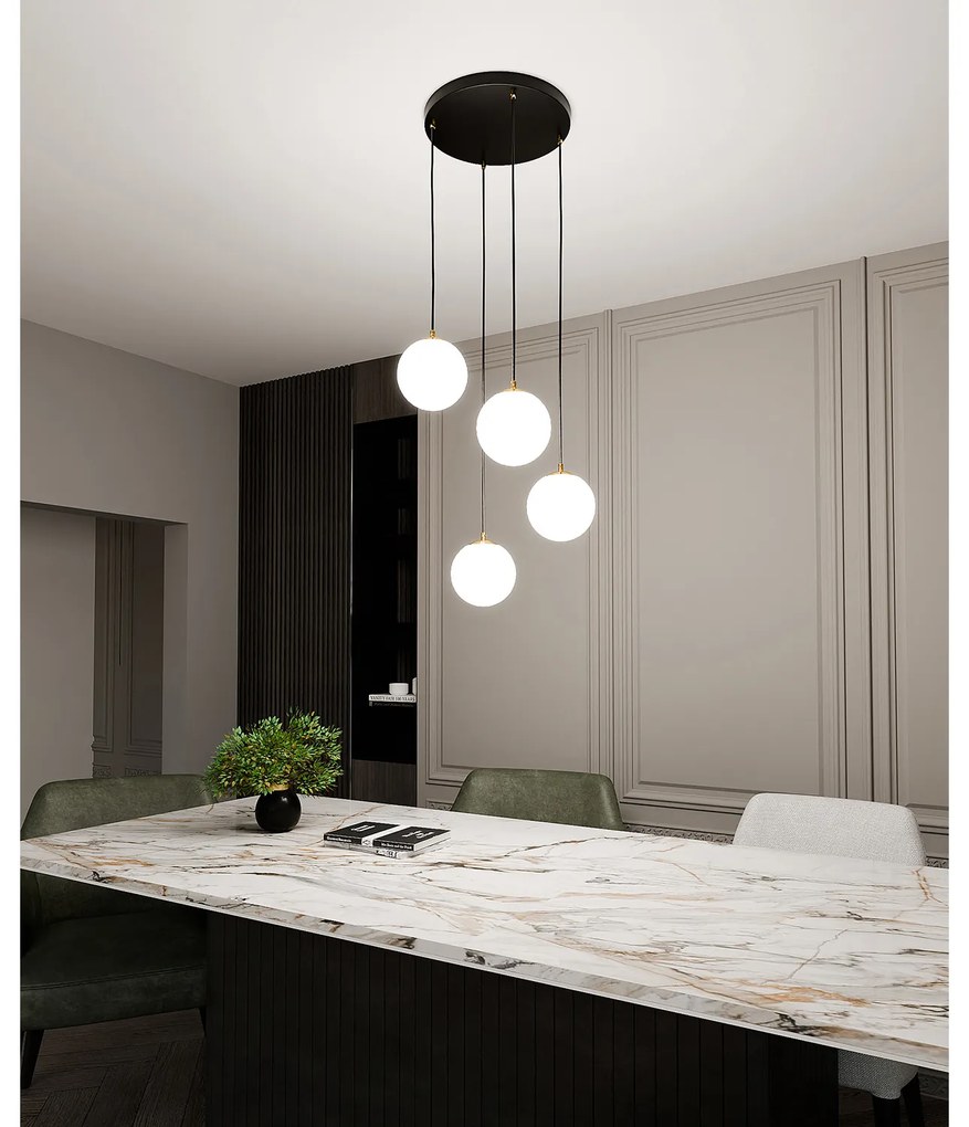 Sospensione Contemporanea Nuada 4 Luci In Acciaio Nero/Oro Sfere Vetro Bianco