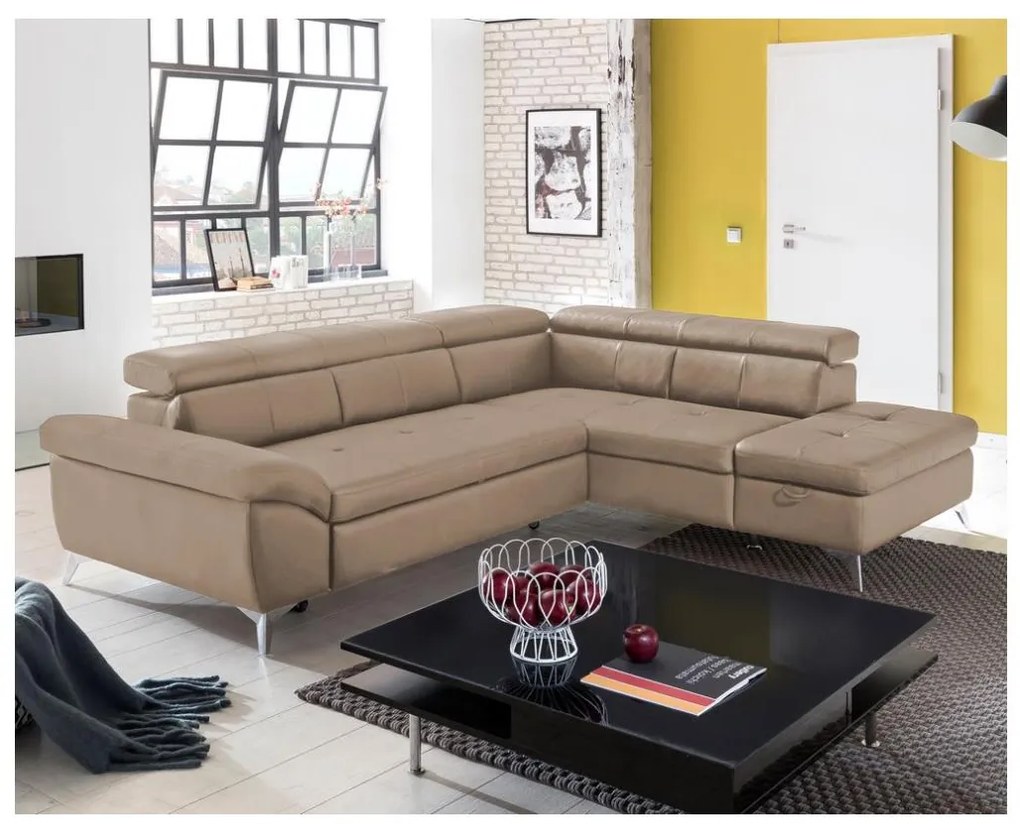 Divano angolare in pelle Salerno II, letto, angolo destro, marrone