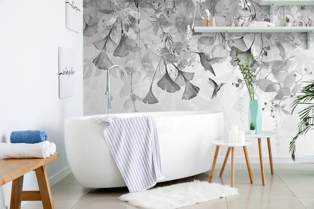 Carta da parati – Foglie con Colibrì in Bianco e Nero