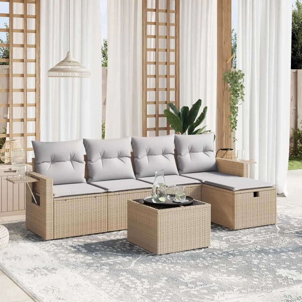 Set divano da giardino 6 pz con cuscini beige misto polyrattan