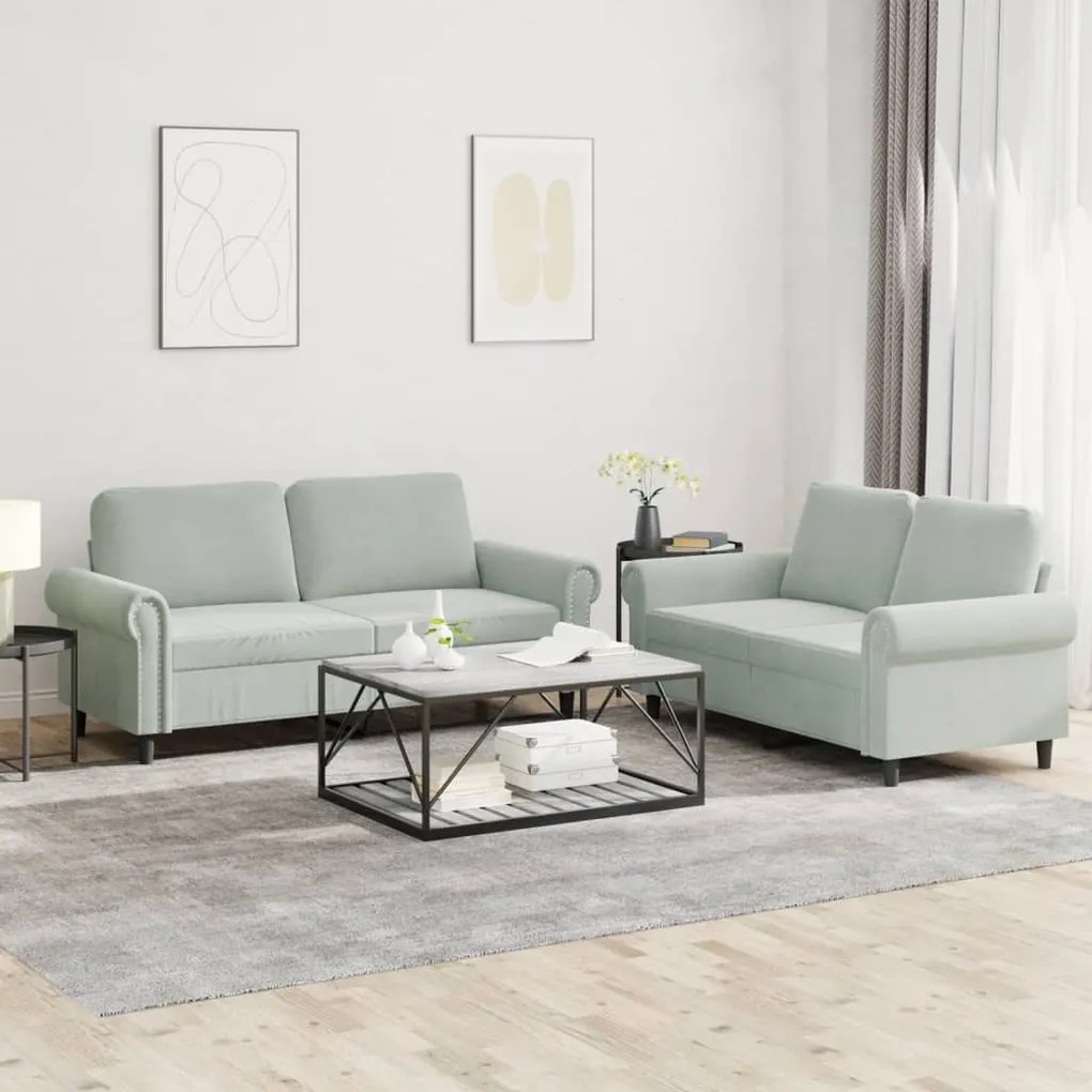 Set Di Divani 2 Pz Con Cuscini Grigio Chiaro İn Velluto /