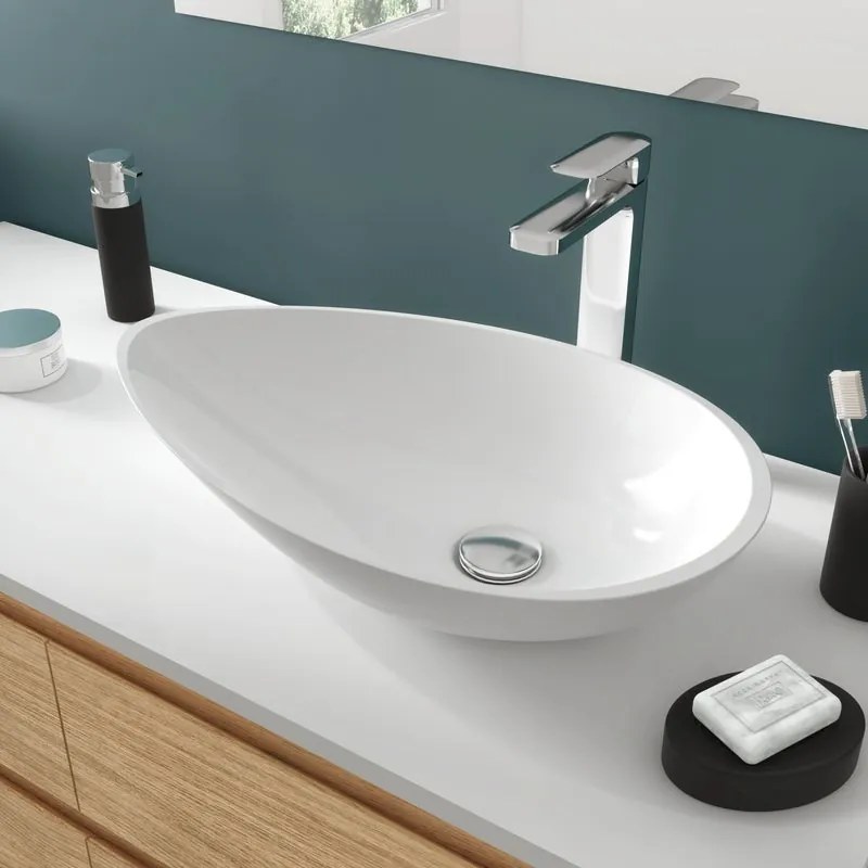Lavabo da appoggio SENSEA ovale piletta non inclusa in composito minerale di resina gelificata L 56.1 x H 12.2 x P 33.8 cm bianco lucido piletta non inclusa