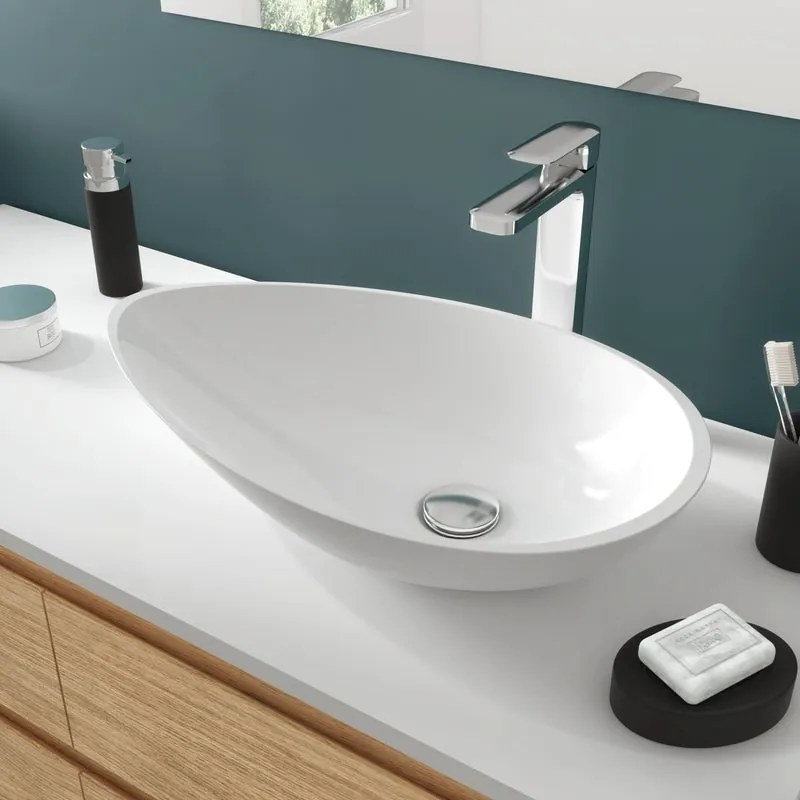 Lavabo da appoggio Shila da fissare ovale in composito minerale di resina gelificata L 56.1 x P 33.8 x H 12.2 cm bianco