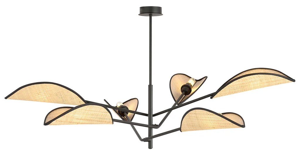 Lampadario 6 Luci Eridano In Acciao Nero E Rattan Con Bracci Mobili