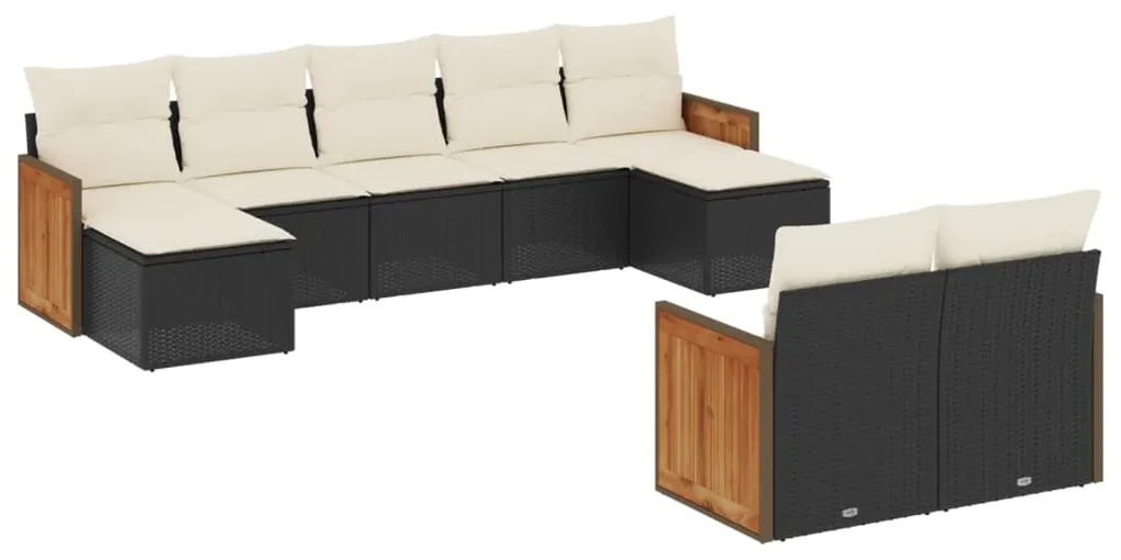 Set divani da giardino 9 pz con cuscini nero in polyrattan