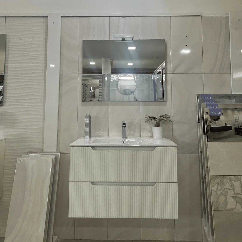 Mobile Bagno Sospeso Cannettato 80 Cm Due Cassetti Specchio Con Lampada Led 60x80 Cm Savini Due "Ibiza" Bianco Lucido
