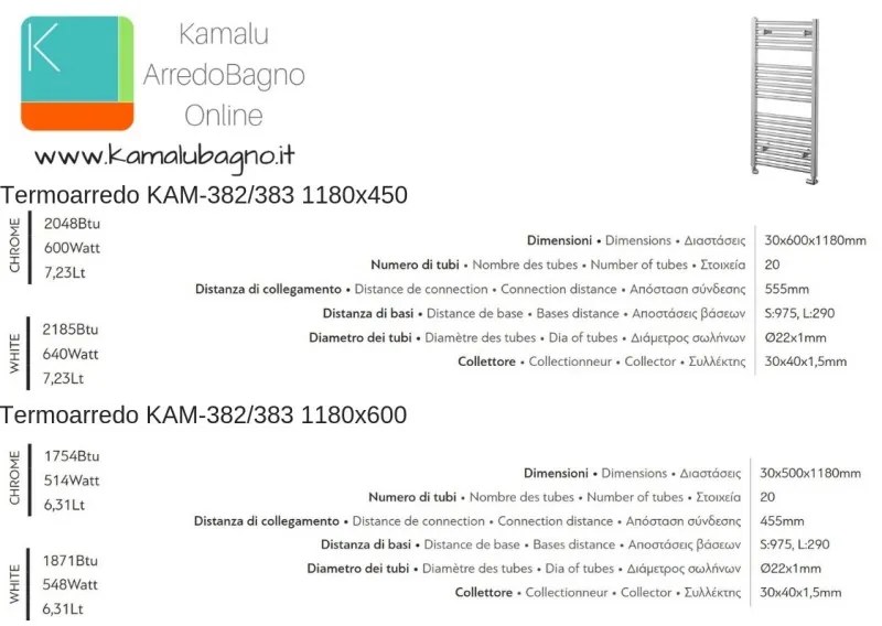 Kamalu - radiatore bagno inox 1180x450mm modello kam-382a