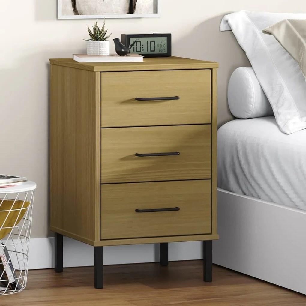 Comodino Con Gambe İn Metallo Marrone Legno Massello Pino Oslo /