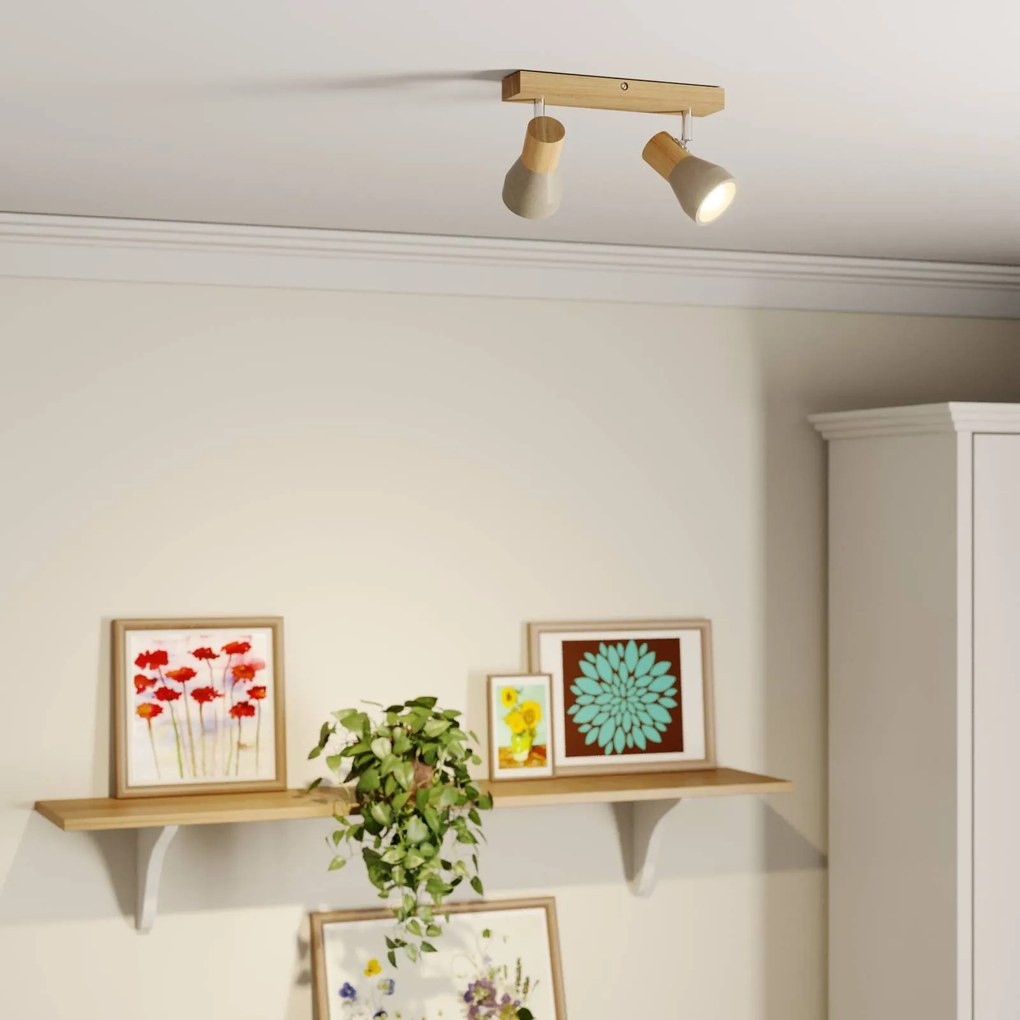 Lindby Filiz fatto, a 2 luci, 27 cm, legno, cemento, E14 Lindby, dimmerabile, Legno chiaro, Camera da letto, Legno, Scandinavo, Faretto