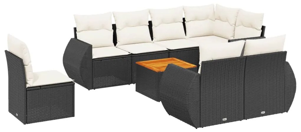 Set Divani da Giardino 9 pz con Cuscini Nero in Polyrattan