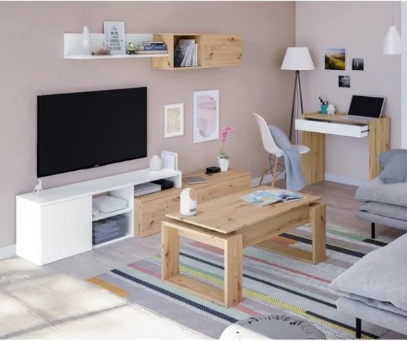 Parete Attrezzata Reversibile 220 Cm Con Mobile TV E Modulo Sospeso Julia Rovere E Bianco